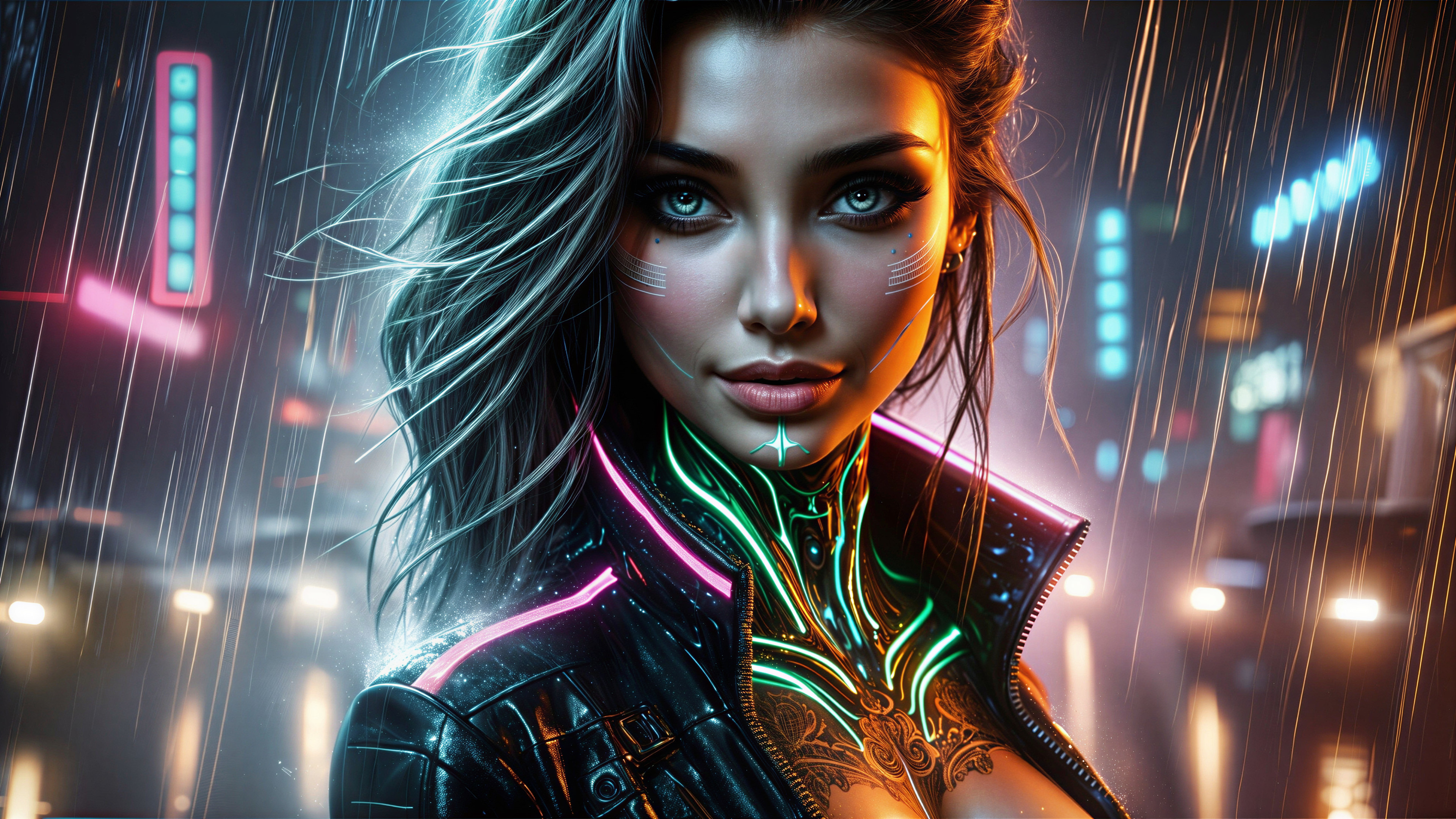 Cyberpunk Portrait of Woman in Neon Cityscape