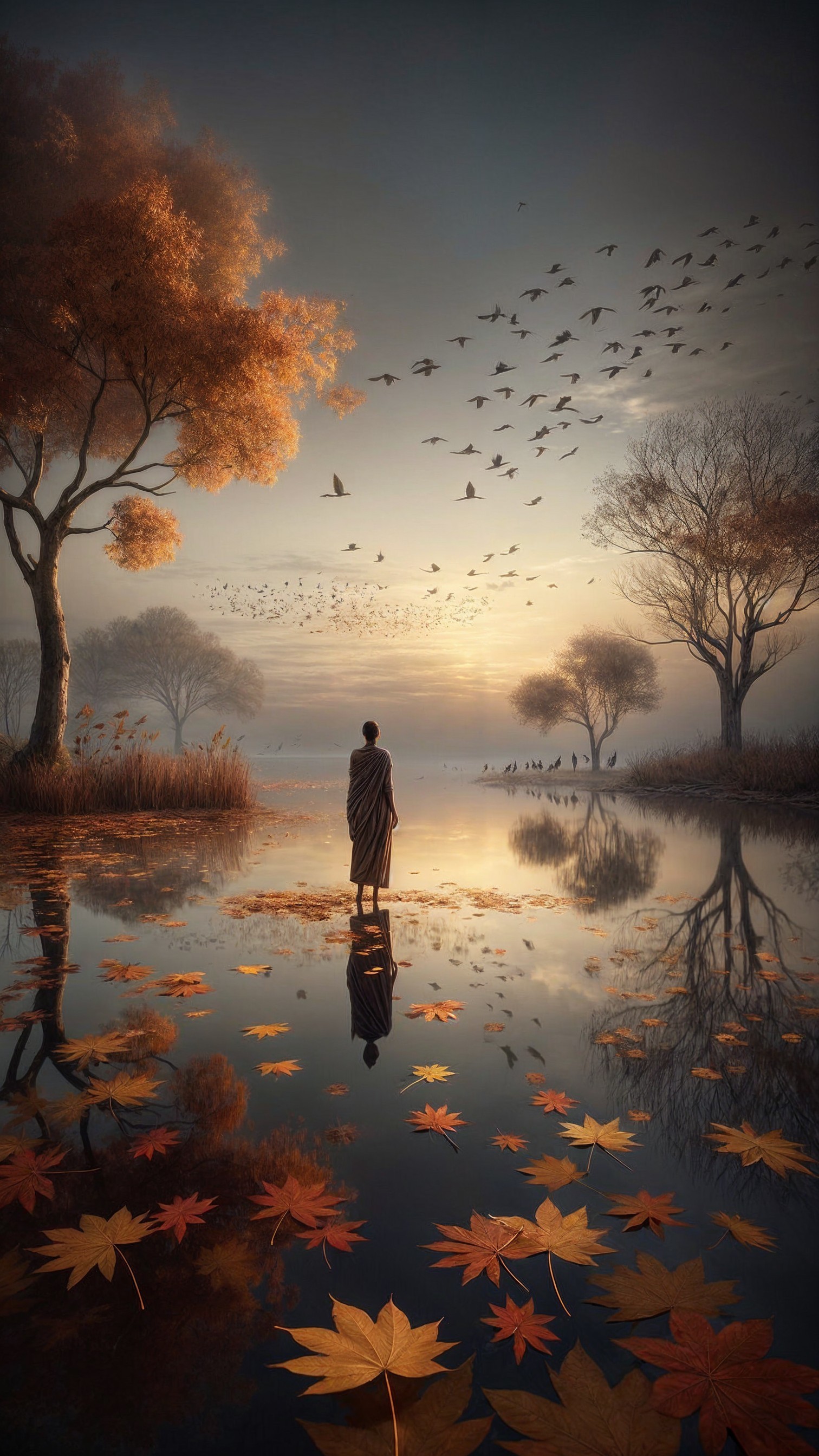 Serene dawn landscape with monk by tranquil lake