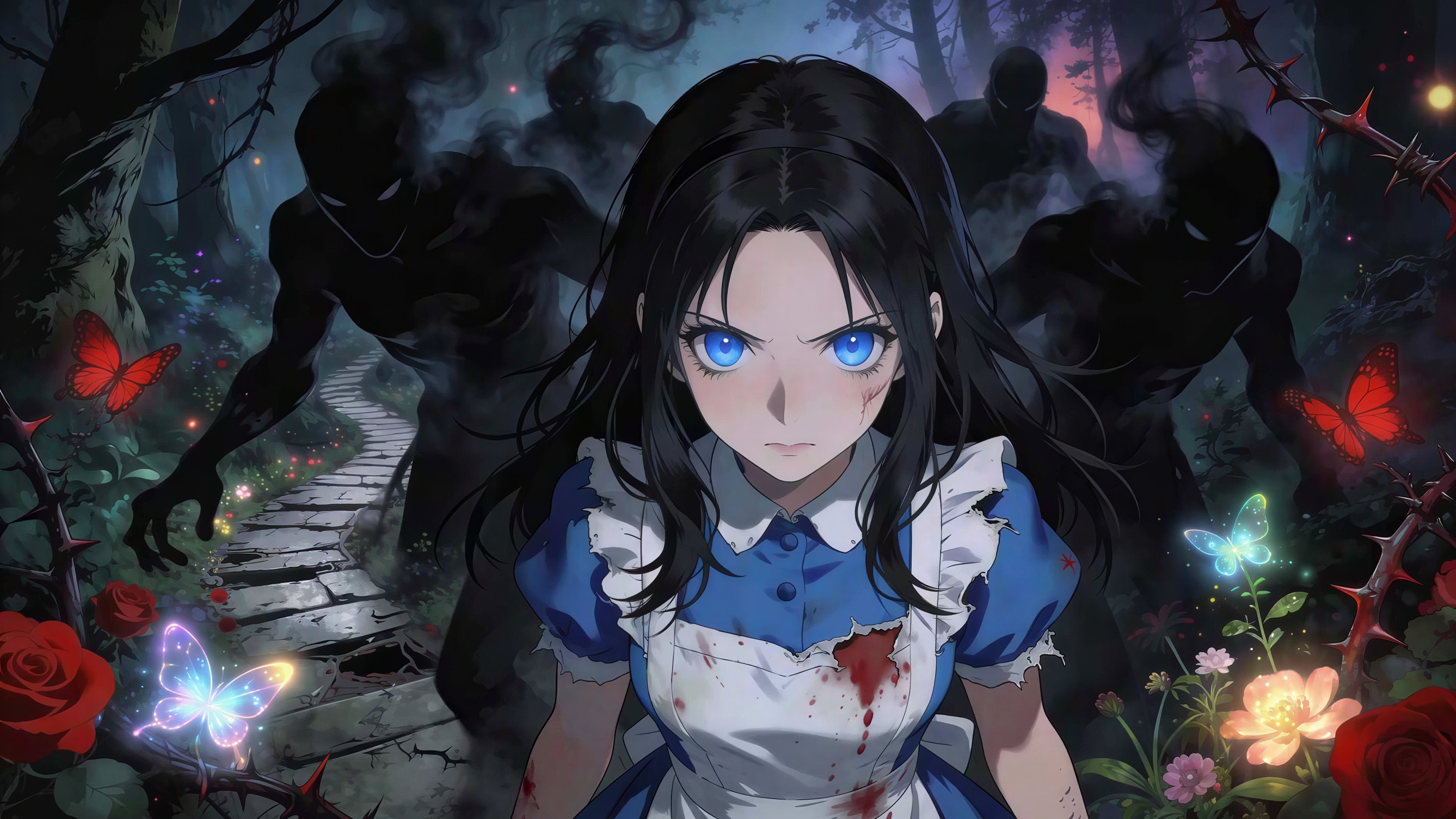 Dark Forest Scene with Young Girl and Monstrous Figures