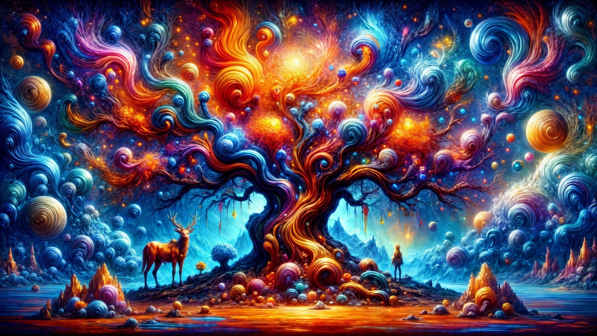 Surreal Landscape with Majestic Tree and Celestial Orbs