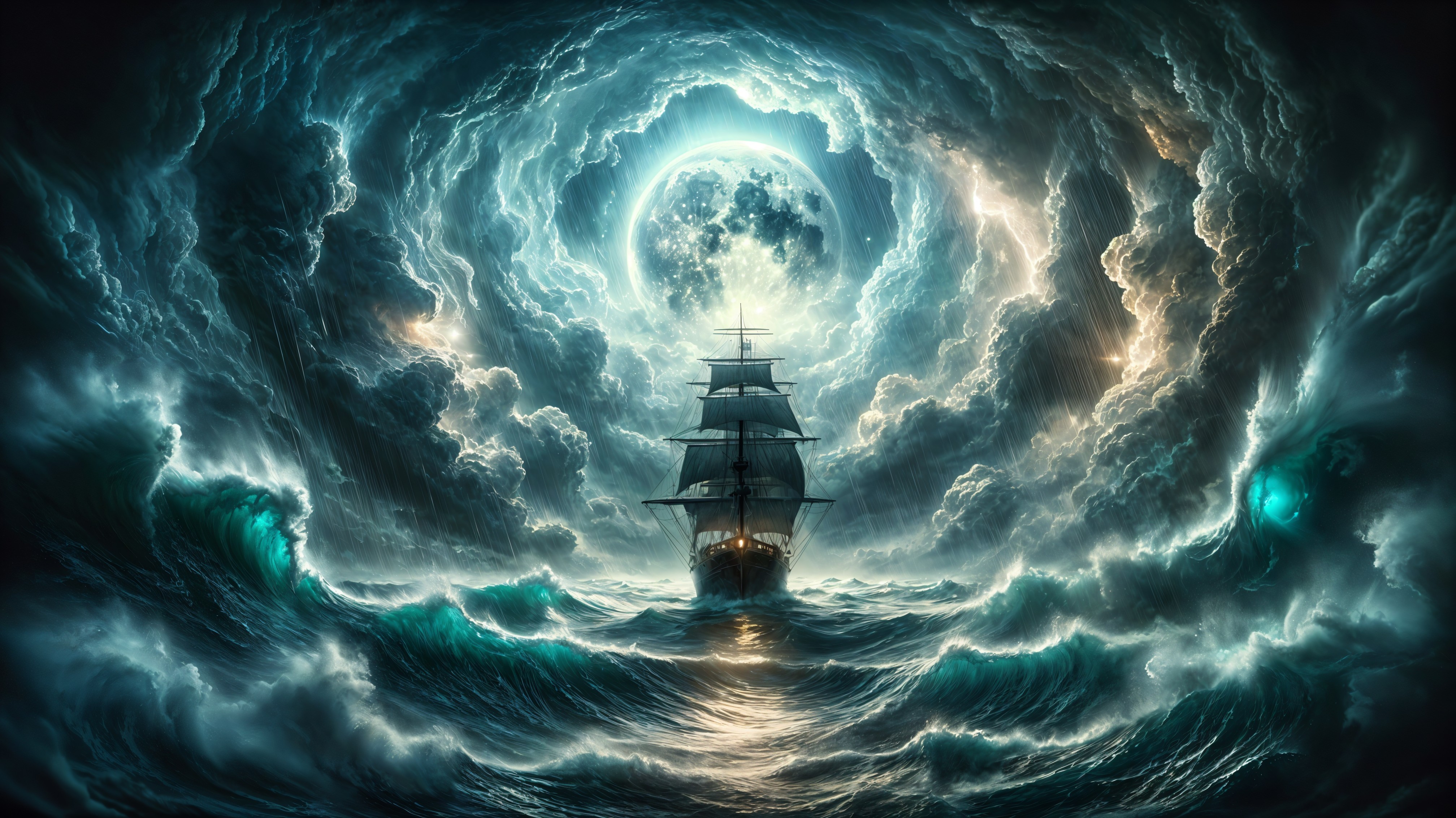 Majestic Sailing Ship in Tumultuous Seas at Night