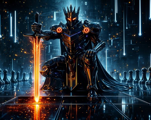 Futuristic knight in black armor on a glowing chessboard