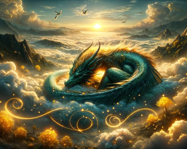 Majestic dragon with emerald scales in sunrise clouds