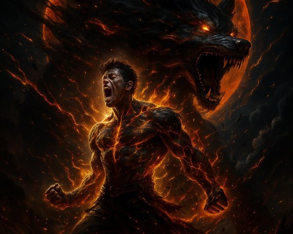 Muscular Figure Against Blood-Red Moon and Wolf Shadow