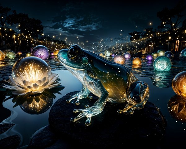 Luminous Frog with Glowing Orbs in Tranquil Scene