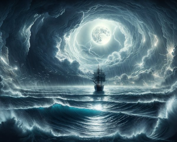 Majestic ship navigating turbulent seas under stormy sky