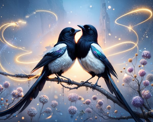 Magpies on a Branch in a Pastel Floral Setting