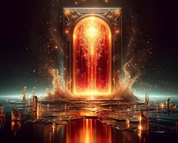 Ornate Door in Surreal Landscape with Shimmering Water