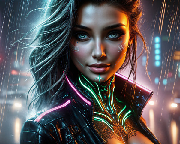 Cyberpunk Portrait of Woman in Neon Cityscape