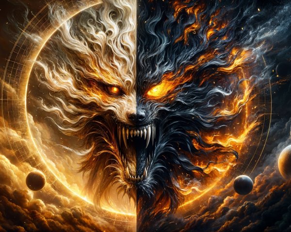 Dramatic Split Scene of Beast's Face in Light and Dark