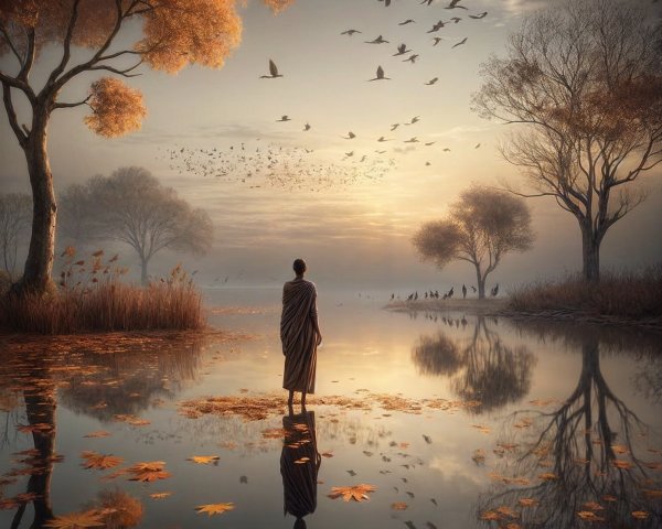Serene dawn landscape with monk by tranquil lake