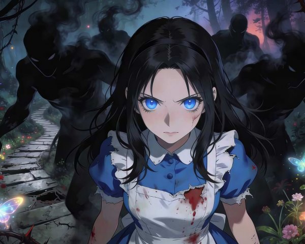 Dark Forest Scene with Young Girl and Monstrous Figures