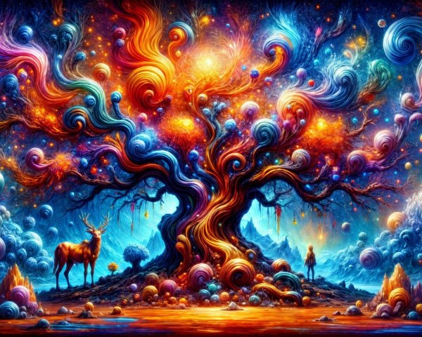 Surreal Landscape with Majestic Tree and Celestial Orbs
