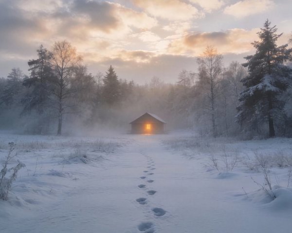 Wooden Cabin in Snow-Covered Winter Forest Scene