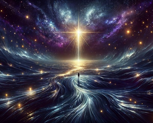 Cosmic Landscape with Radiant Star and Lone Figure