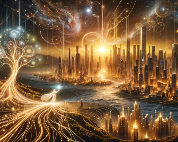 Futuristic cityscape with glowing lights and galaxies