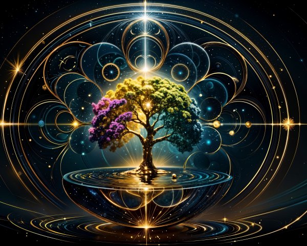 Mystical tree with vibrant foliage and cosmic orbs