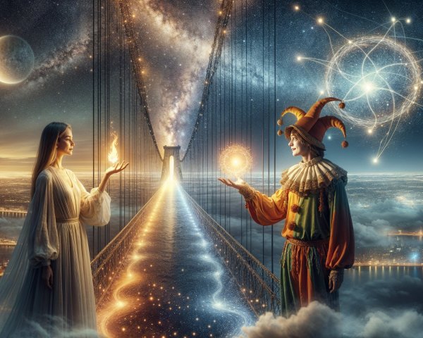 Luminous Bridge Connecting Figures in Surreal Landscape