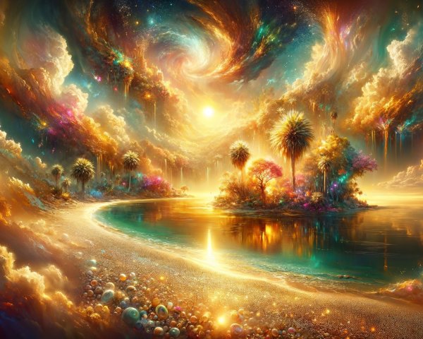 Vibrant Dreamlike Landscape with Sunset and Beach