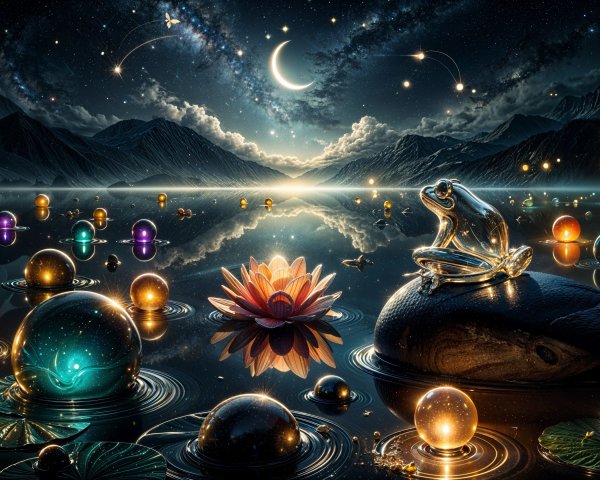 Tranquil Lake Scene with Mountains and Starry Sky