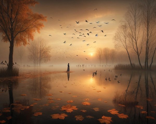 Serene Dawn Landscape with Misty Lake and Autumn Leaves