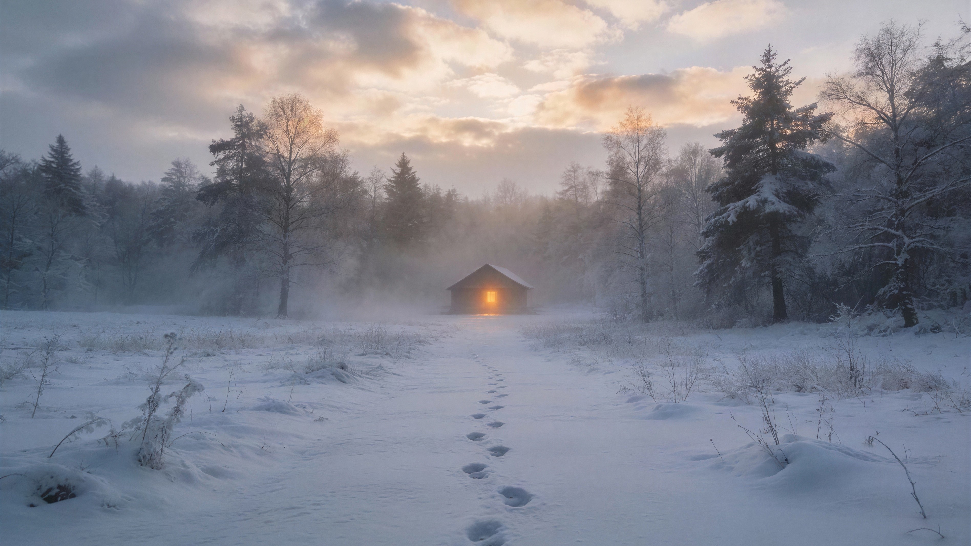 Wooden Cabin in Snow-Covered Winter Forest Scene