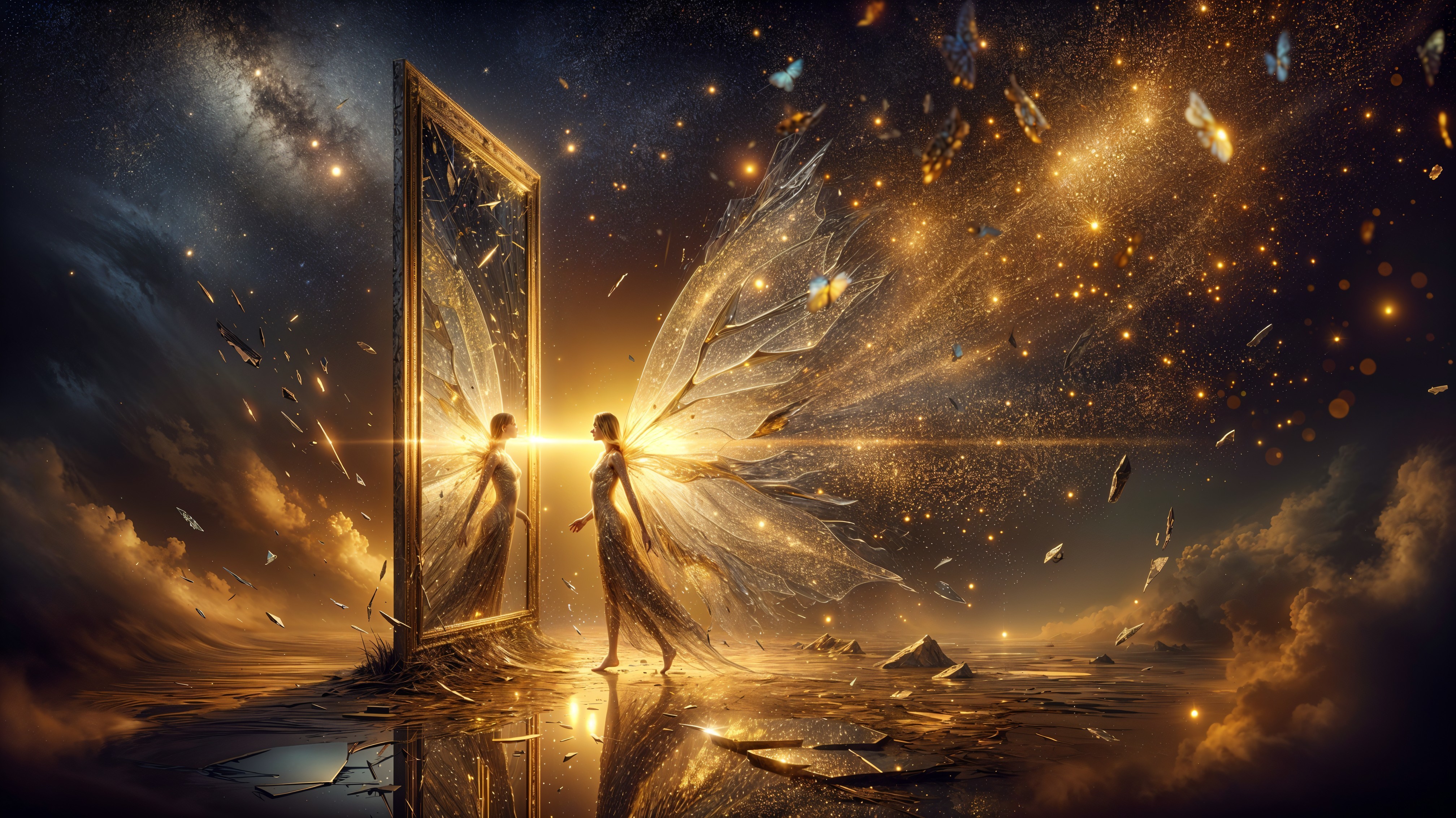 Fantastical Scene of Winged Figure and Cosmic Mirror
