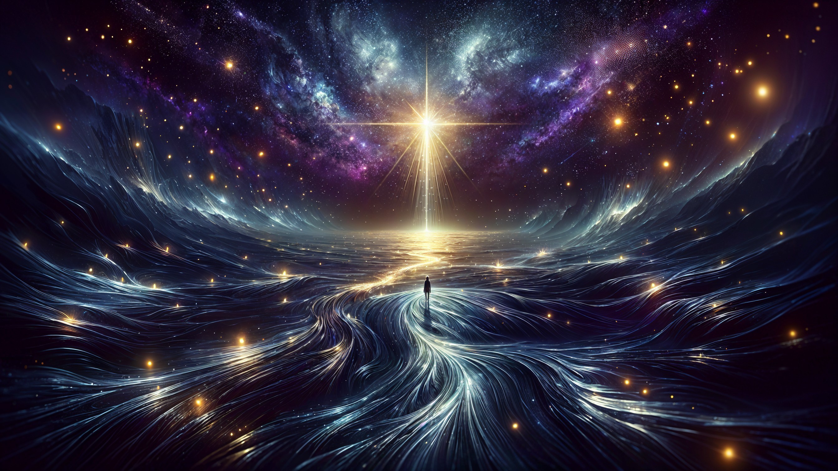 Cosmic Landscape with Radiant Star and Lone Figure