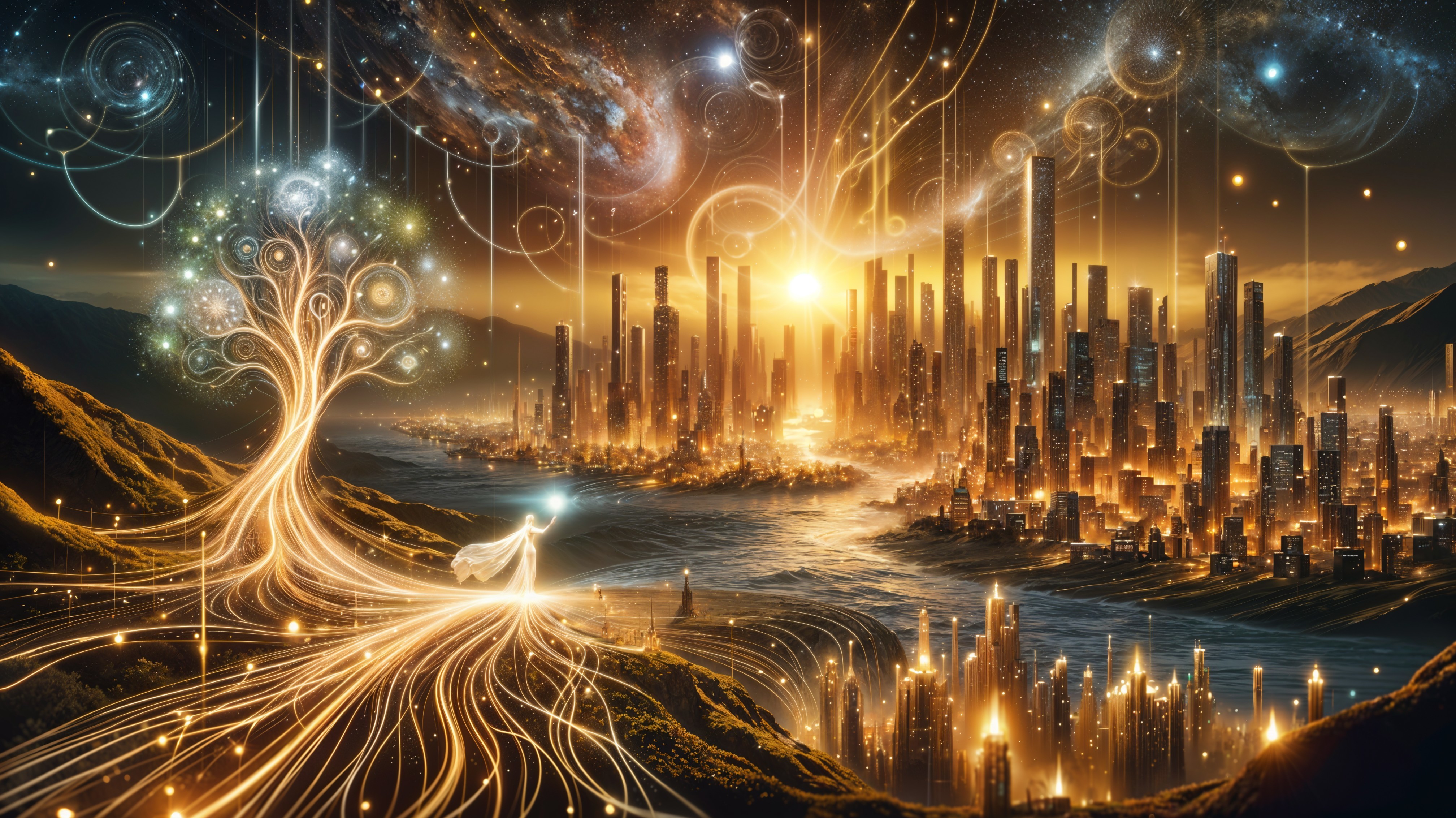 Futuristic cityscape with glowing lights and galaxies