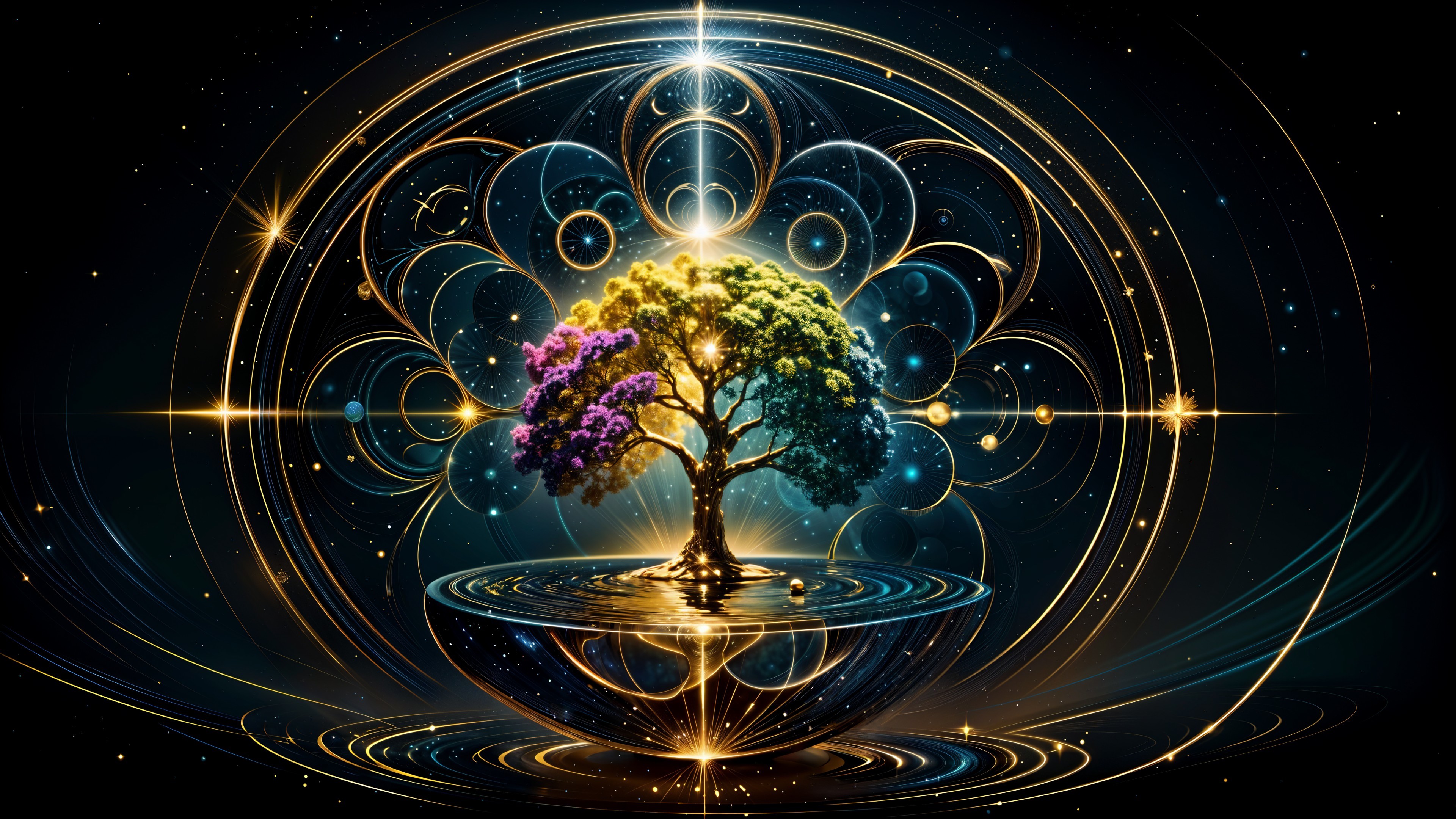 Mystical tree with vibrant foliage and cosmic orbs