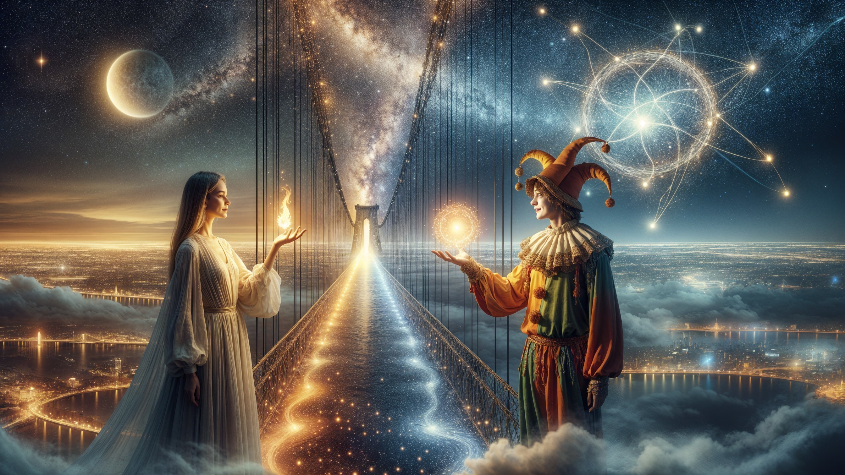 Luminous Bridge Connecting Figures in Surreal Landscape
