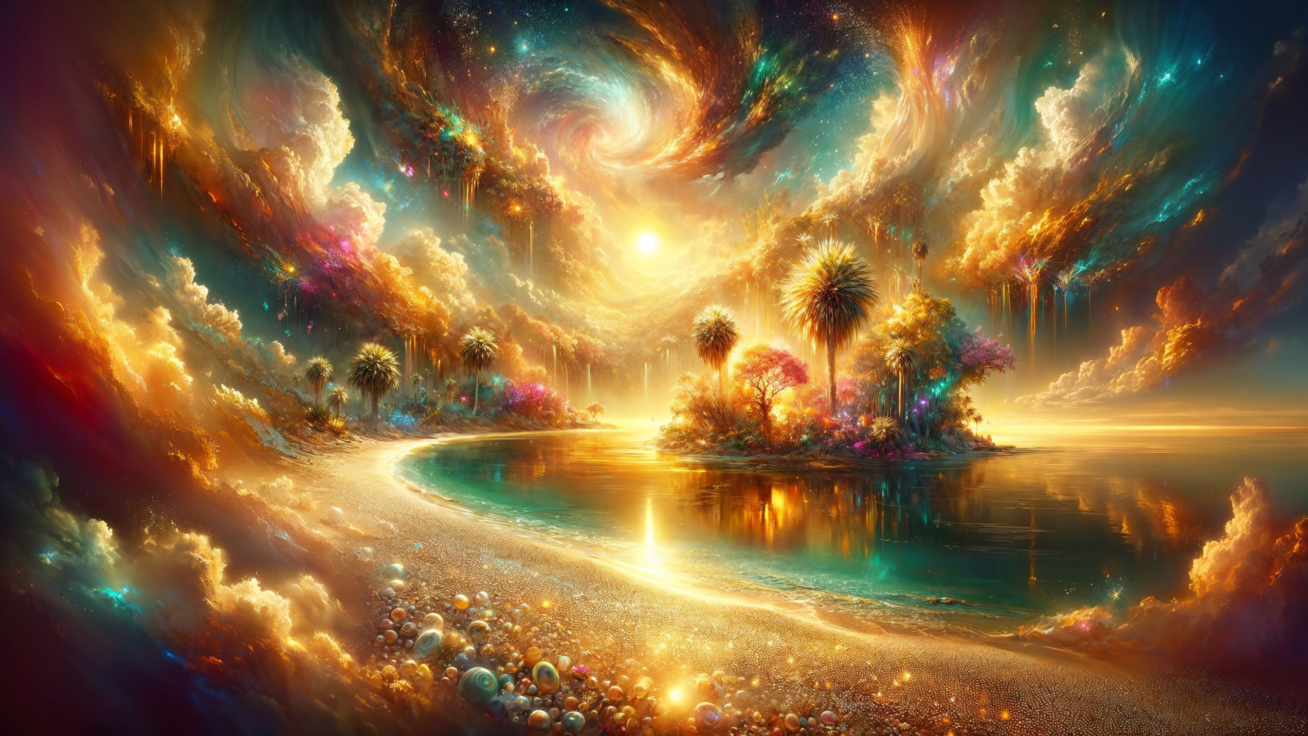 Vibrant Dreamlike Landscape with Sunset and Beach