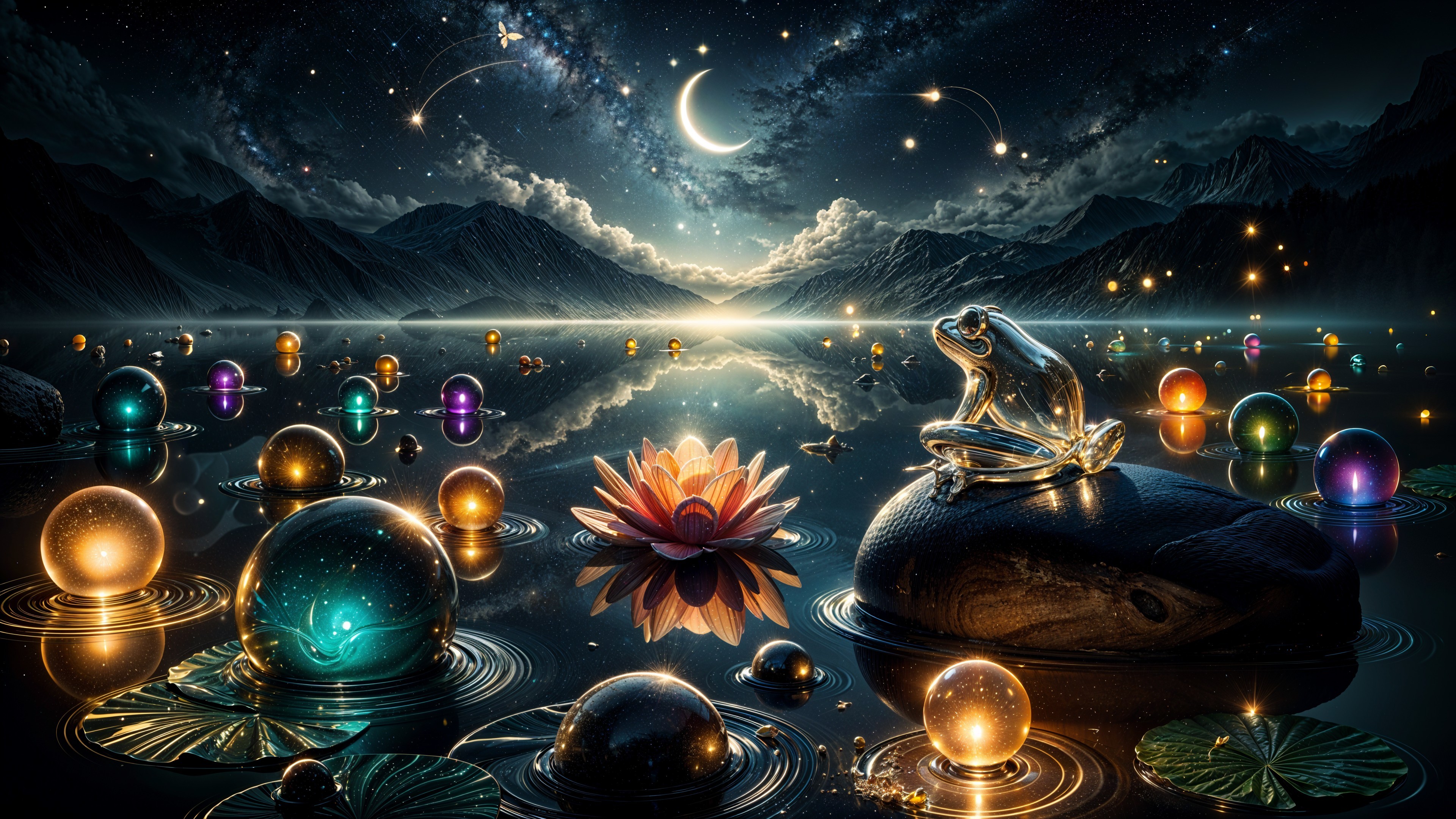 Tranquil Lake Scene with Mountains and Starry Sky