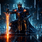 Futuristic knight in black armor on a glowing chessboard
