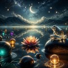 Tranquil Lake Scene with Mountains and Starry Sky