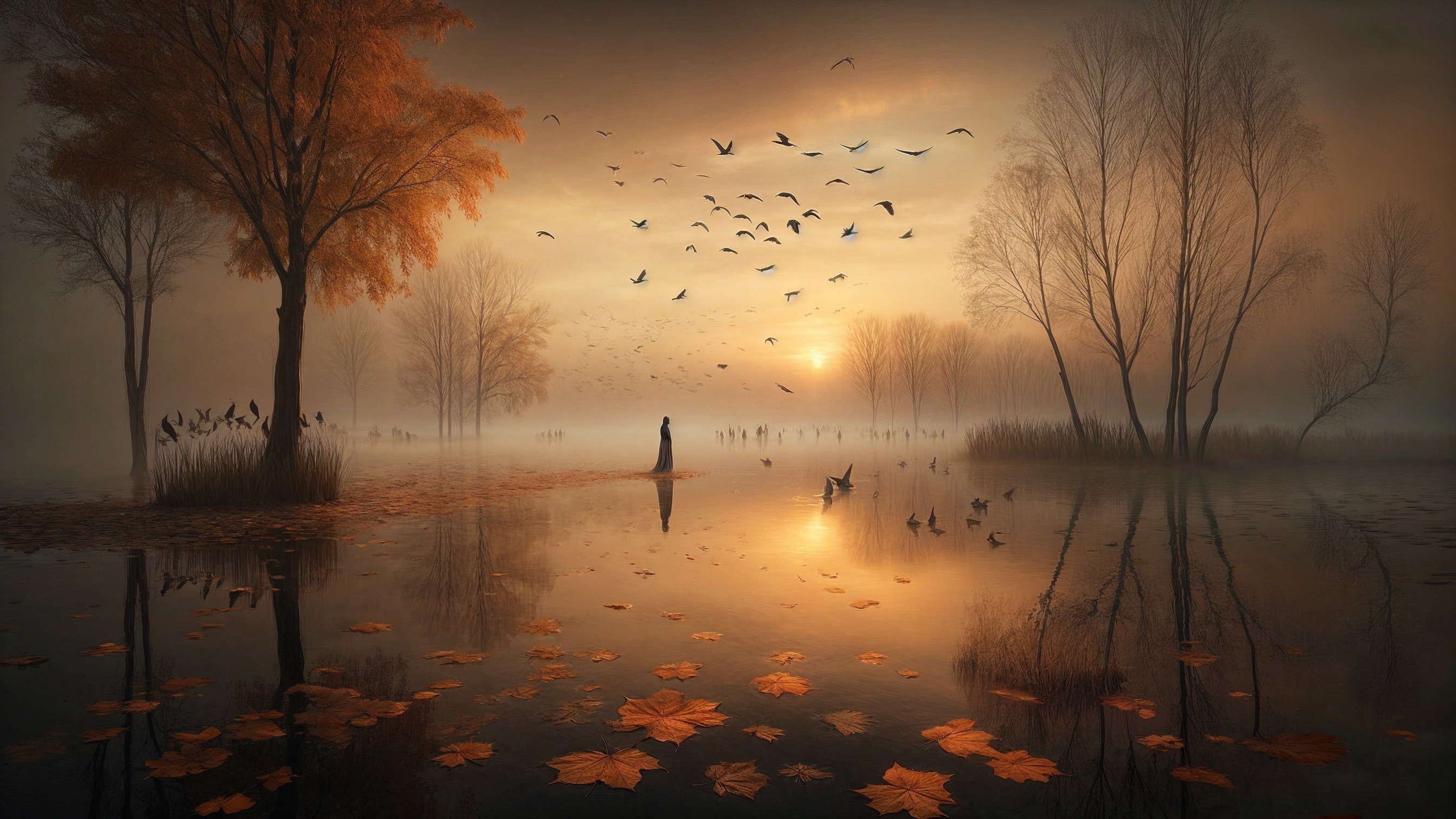 Serene Dawn Landscape with Misty Lake and Autumn Leaves