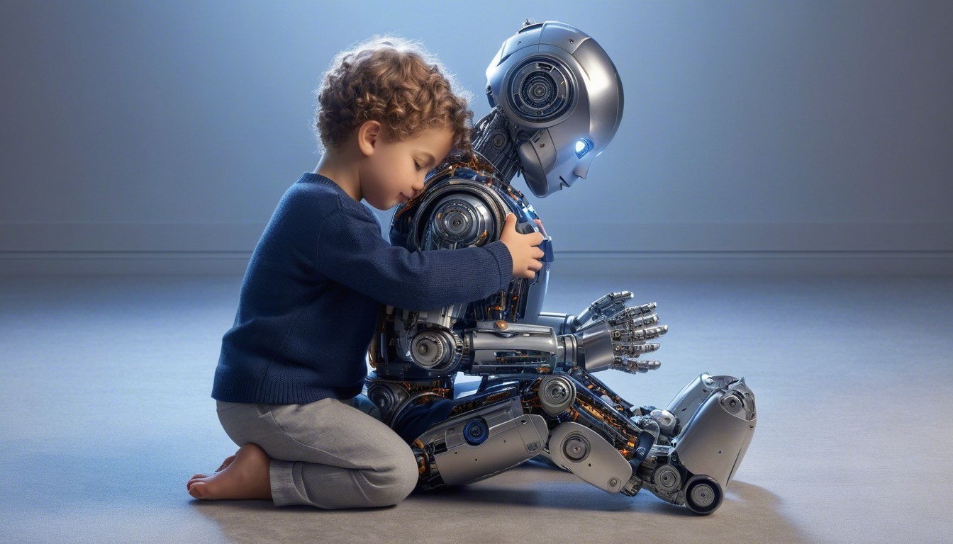 Child and Robot Embrace in Softly Lit Setting