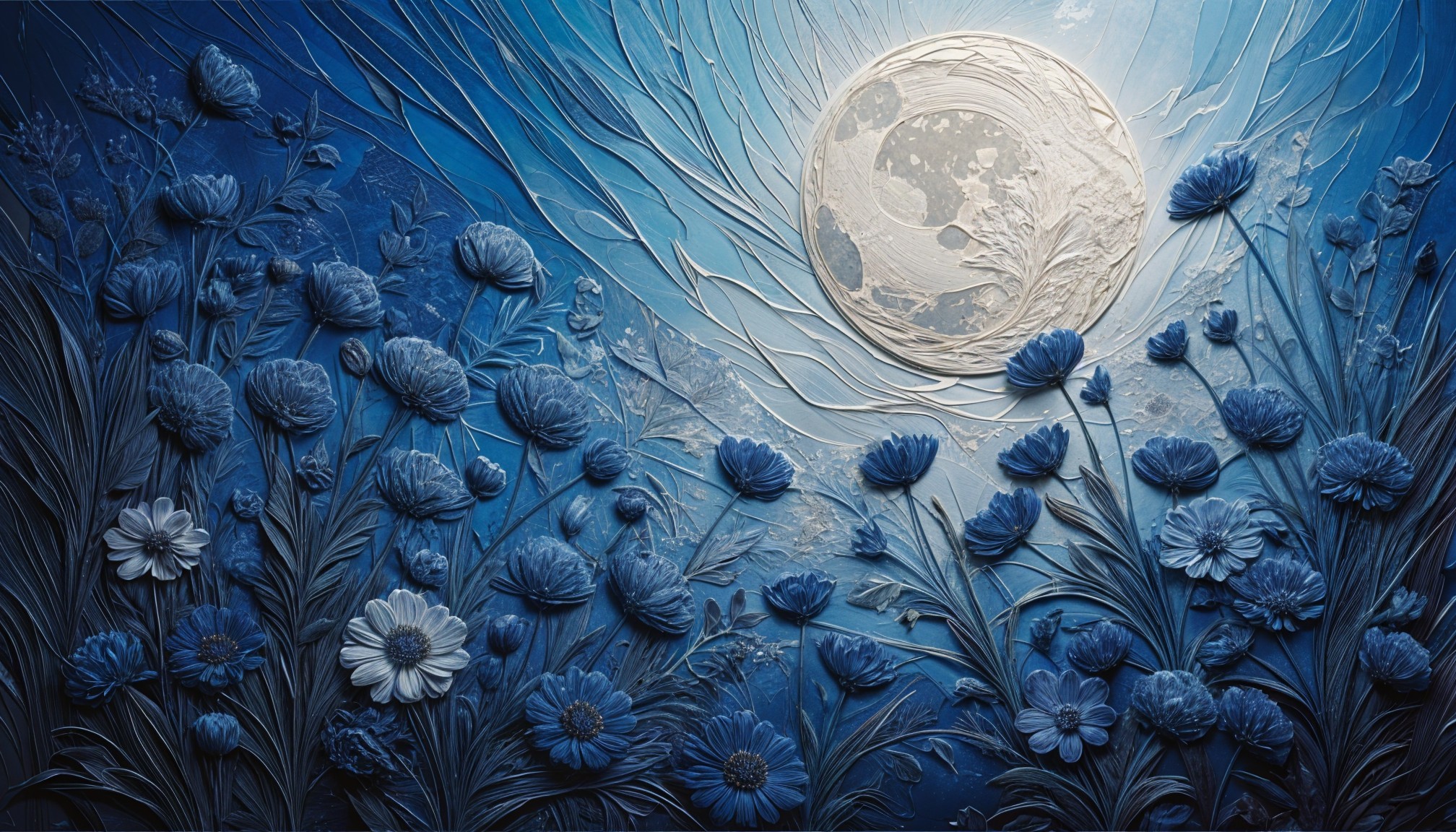 Textured Floral Scene with Moonlit Background