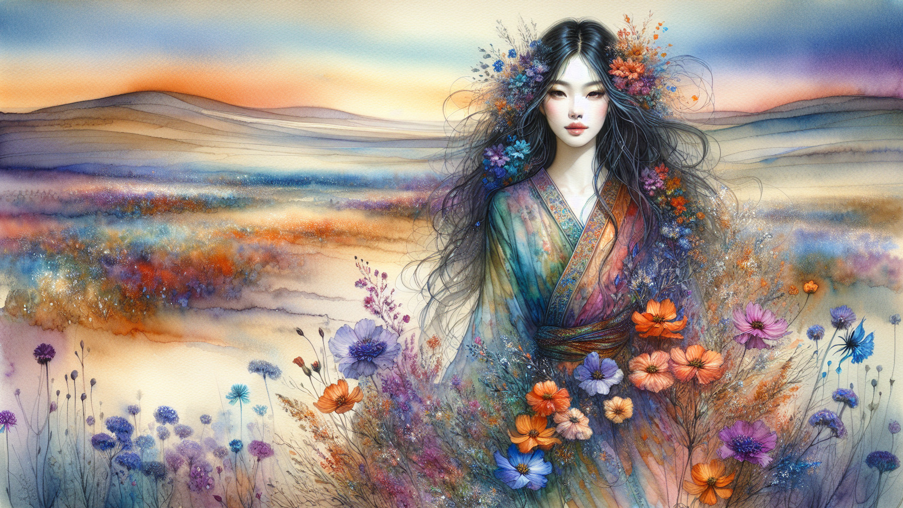 Serene Figure in Vibrant Floral Landscape