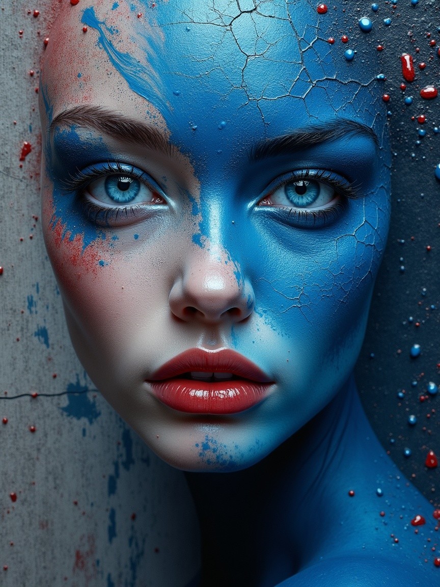 Close-Up of Model with Artistic Blue Face Paint Design