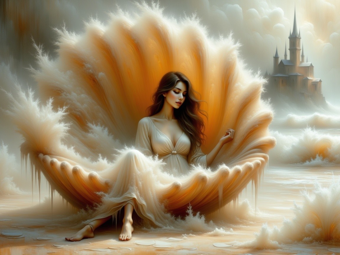 Young Woman in Seashell with Castle Background