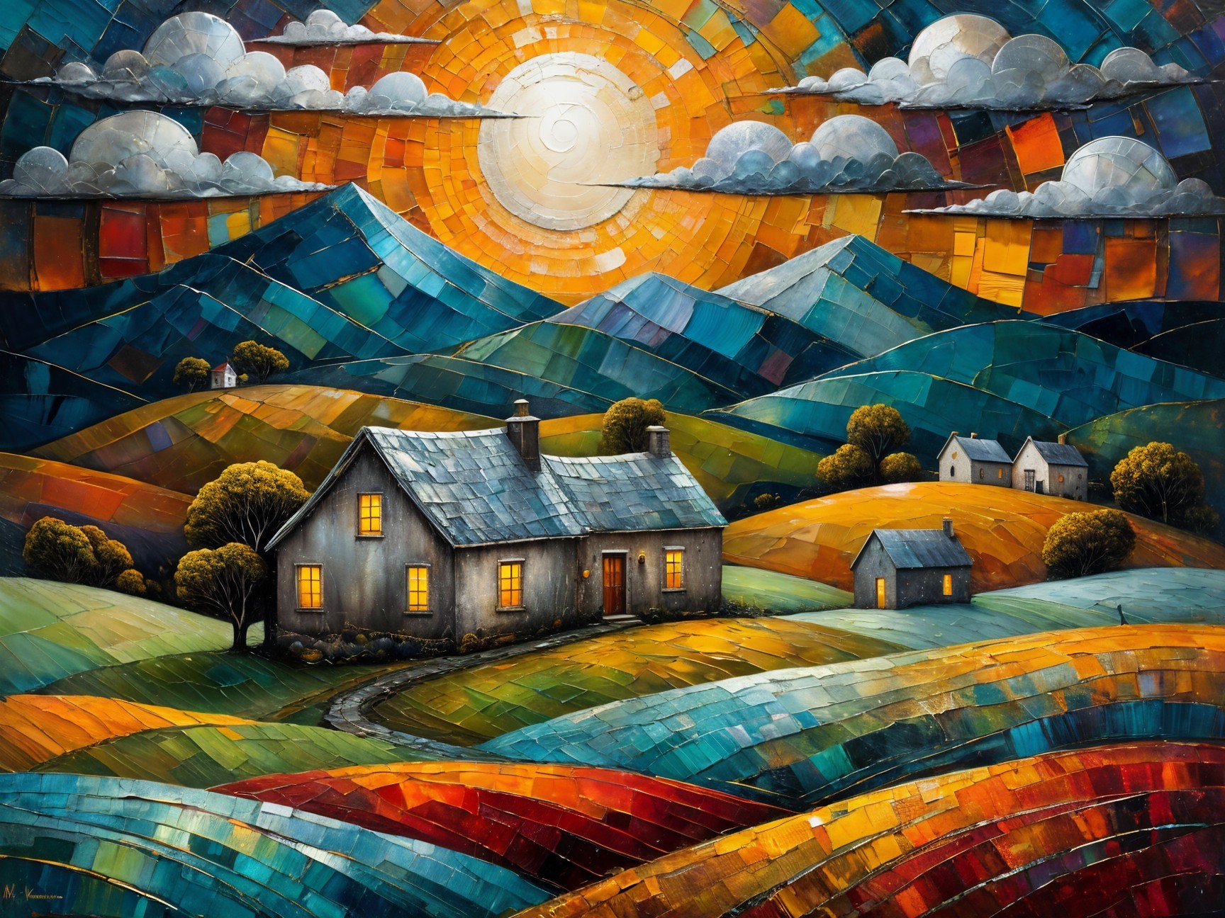 Vibrant Landscape with House and Colorful Hills