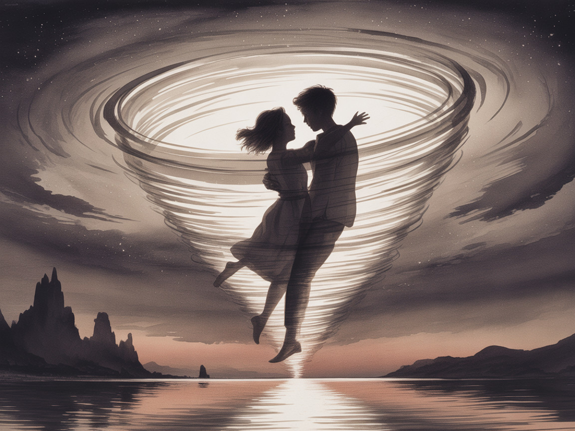 Couple Embraced in Tornado of Light and Twilight Sky