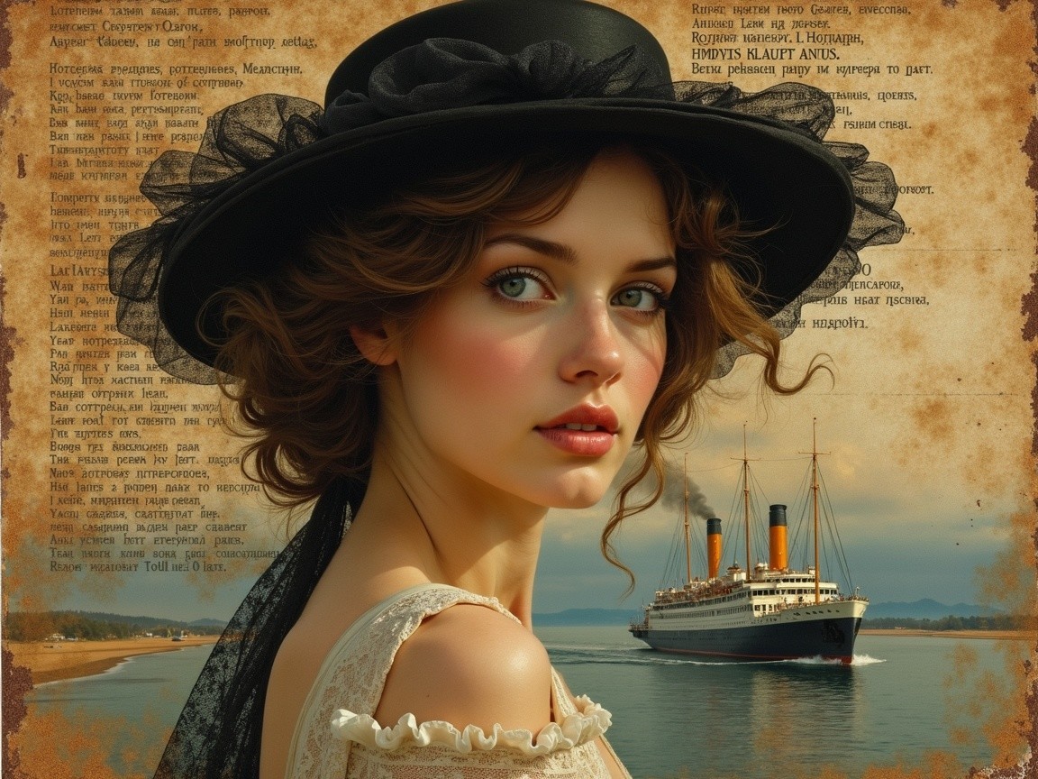 Young Woman in Vintage Dress with Ocean Liner Background