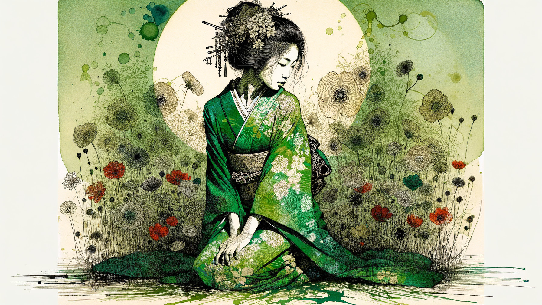 Serene Woman in Green Kimono in Lush Garden Setting