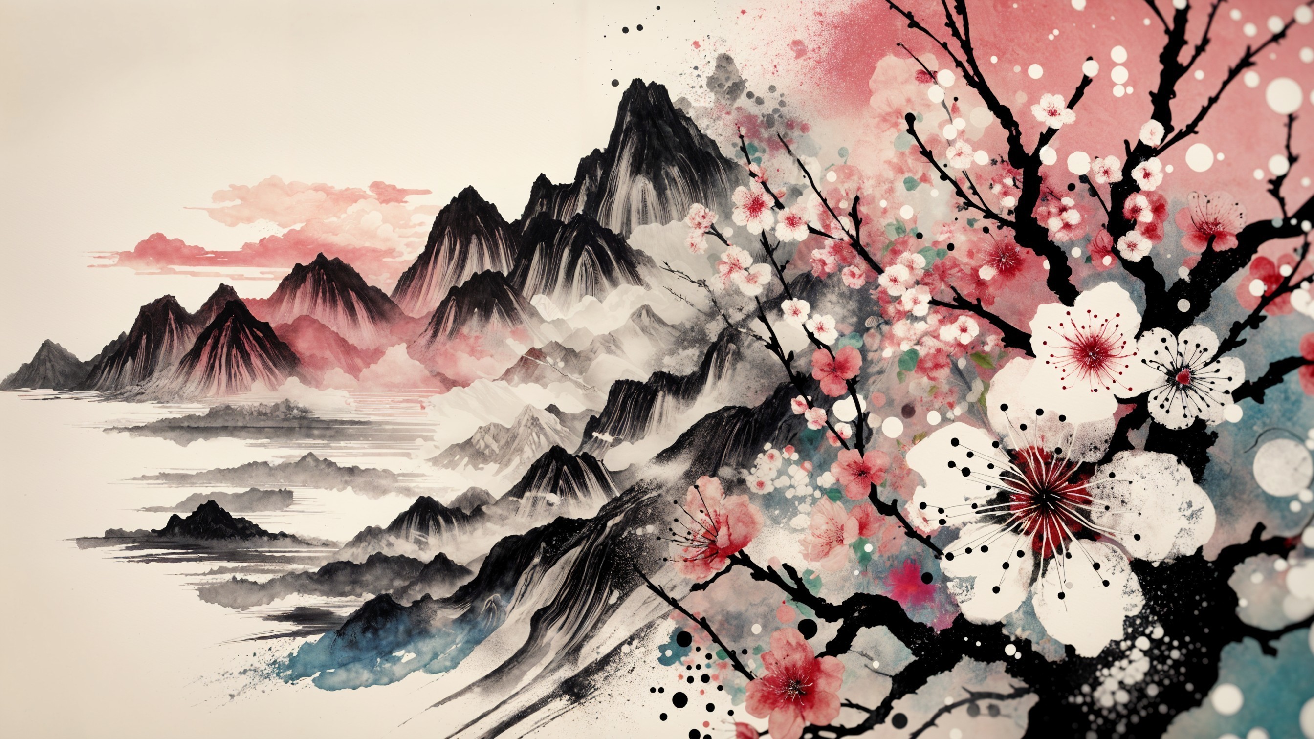 Monochrome Mountains with Vibrant Cherry Blossoms