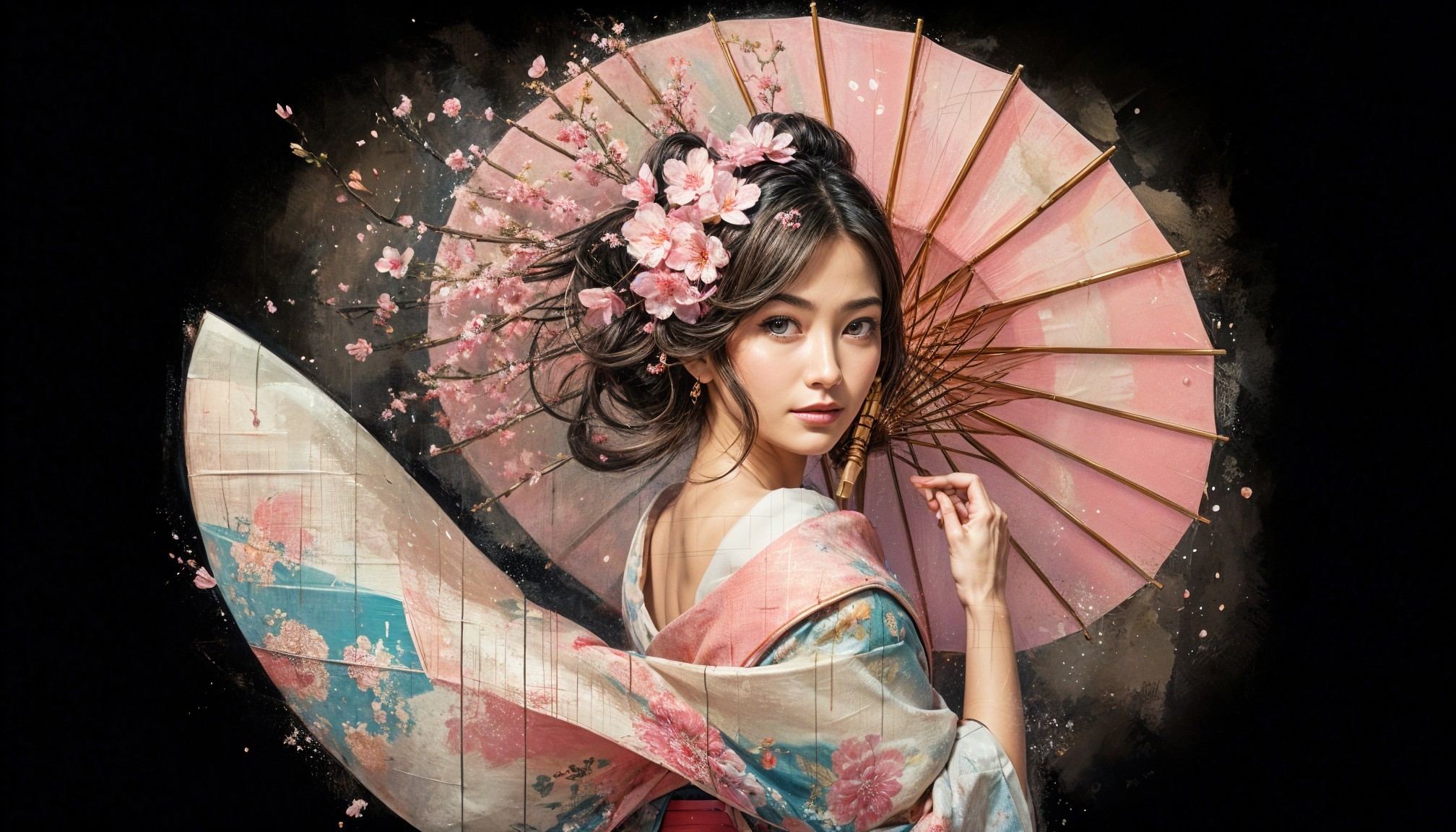 Young Woman in Colorful Kimono with Pink Parasol