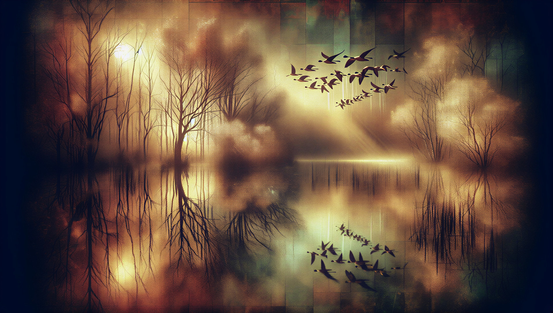 Serene Lake Landscape with Ethereal Trees and Mist