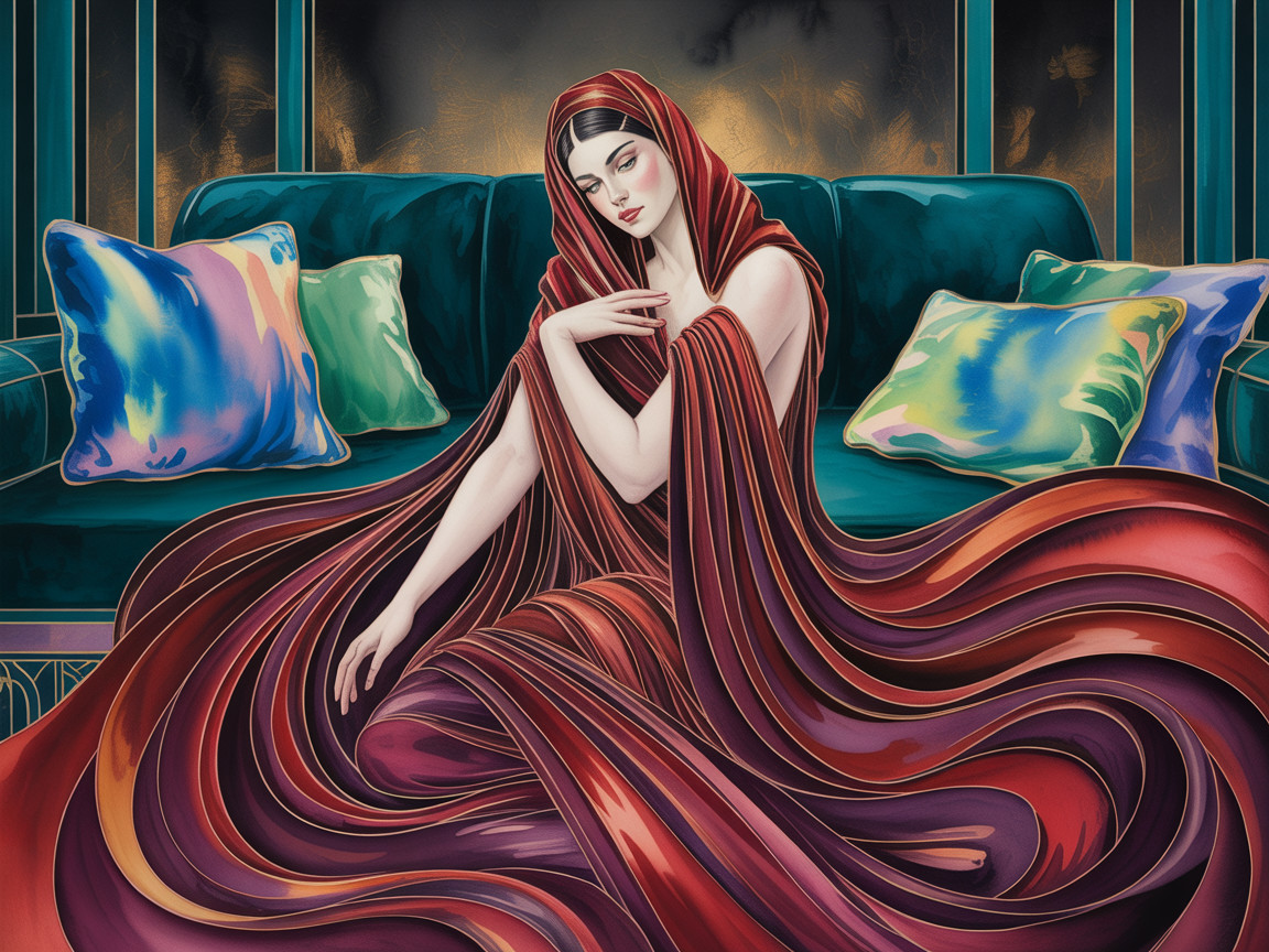 Elegant Woman in Vivid Fabric on Colorful Sofa