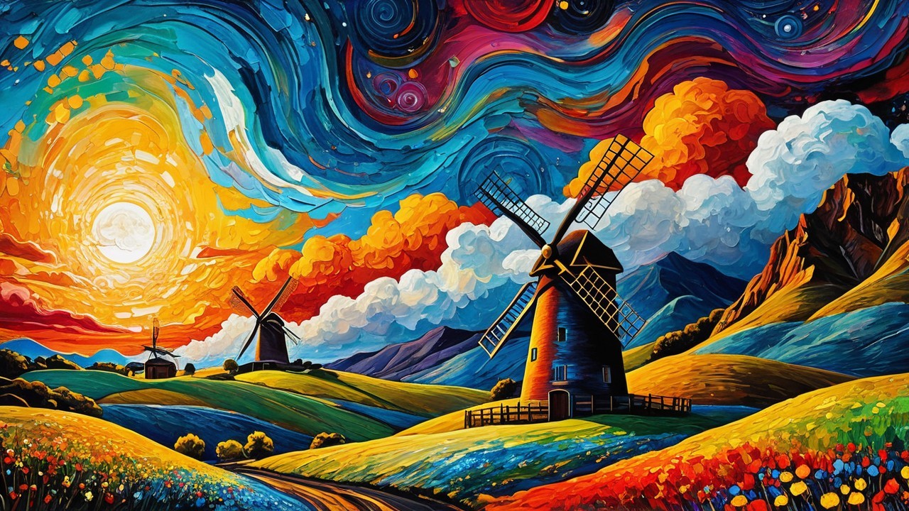 Vibrant Landscape with Colorful Hills and Windmills